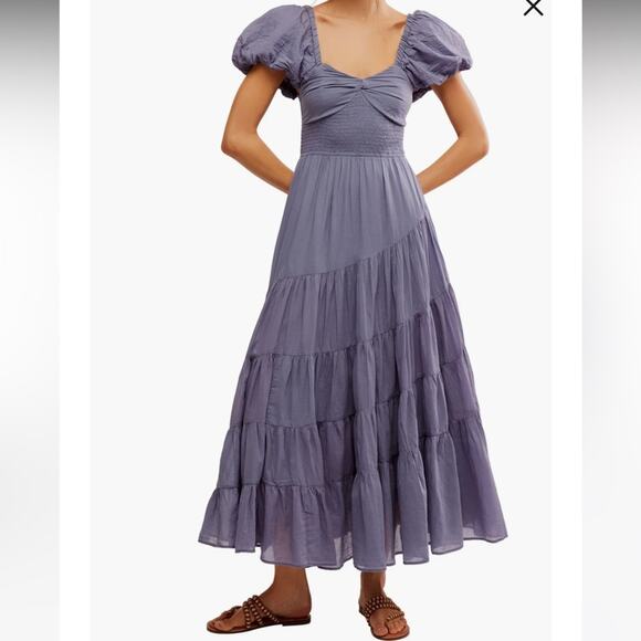 NWOT Free People Boho Sundrenched Smocked Puff Sleeve Maxi Blue Granite- M - Picture 3 of 14